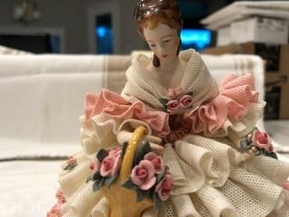 Victorian Style Dresden Porcelain Laced Lady With Flower Basket