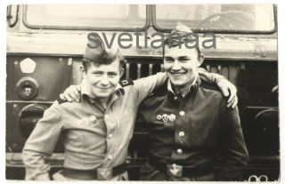 Two Friends Soldiers Soviet Army Couple Young Men Hug Guys Smiling Vintage Photo