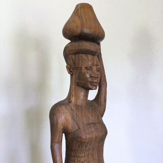 Hand Carved Woman African Wooden Figure Statue Carrying Jug On Head Art