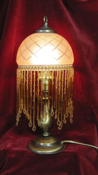 Antique Vintage Table Lamp Beads Light Glass Lamp French Art Deco Brass