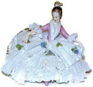 Oldest Volkstedt Dresden Lace Figurine Lady In Recamier With Fan Miniature