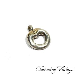 Vintage Signed M Sterling Silver & 18k Gold Diamond Heart Design Pendant