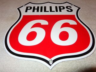 Vintage Phillips 66 Red Black Shield 11 3/4 " Porcelain Metal Gasoline & Oil Sign