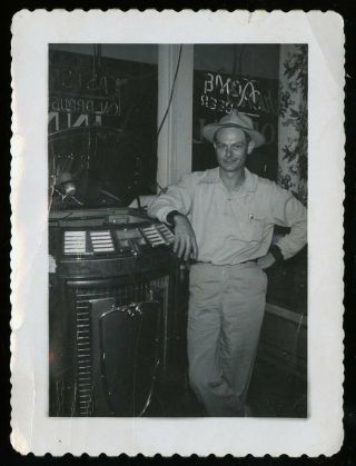 Vintage Photo Man In Hat Leans On Jukebox Bar Neon Signs Beer Signs 1950 