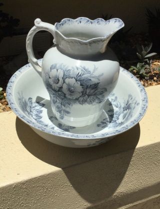 Antique Victorian Ironstone Blue & White Pitcher & Bowl Set / Brooklyn / Albion