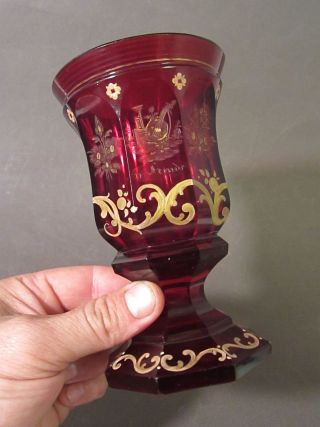 Antique 19c Bohemian Moser Ruby Glass Cut Engraved Gold Enamel Spa Goblet Beaker