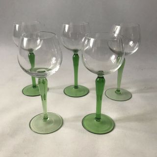 5 X Vintage French Glasses Tall Green Stem Balloon Wine Aperitif Gin Hock 18cm