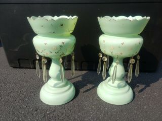 Antique Pair Victorian Jade Color Green Glass Gilded Lustre Vases