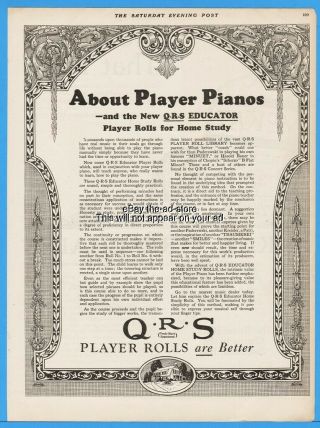 1922 Q.  R.  S Player Piano Educator Rolls Home Study Vintage 1920s Print Ad