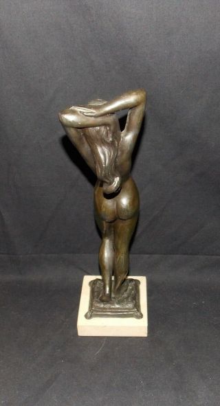 Vintage Bronze Art Deco Nude Lady On Square Marble Base 2