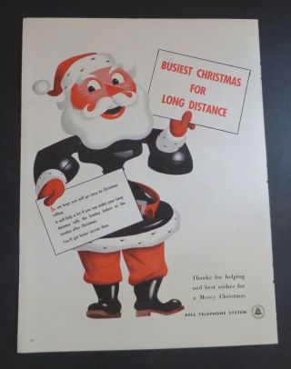 Print Ad 1946 Bell Telephone Busiest Christmas Long Distance Santa