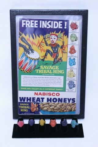 Vintage Nabisco Premium Wheat Honeys Tribal Ring Set Of 6 W/ Cereal Box Cut - Out