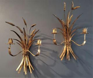 Pr Vtg Hollywood Regency Italy Gold Wheat & Bow 2 Arm Wall Sconces Candle Holder
