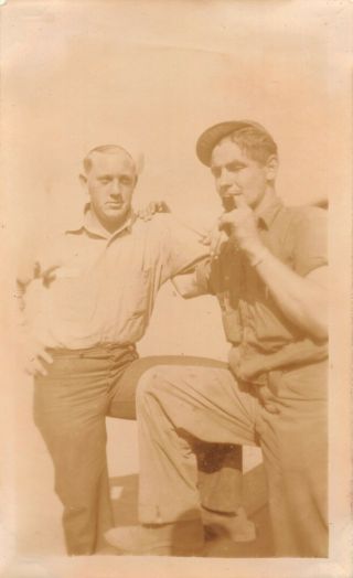 Vintage 1940 Snapshot Black White Photo Smoking Pipes Navy Man Two Sailors Boots