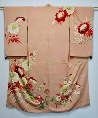 Japanese Kimono Silk Antique Houmongi / Bird & Flower / Vintage Silk /237