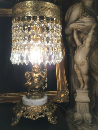 Fine Antique French Gilt Bronze Neoclassic Cherub Lamp W/austrian Crystals 1920s