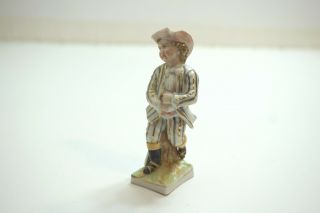 Antique Dresden German Porcelain Figurine Of Boy In Stripe Suit Pink Hat 4 " Tall