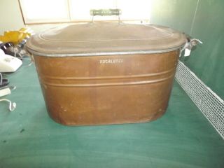 Antique Vtg Huge Copper Boiler W/lid Wash Tub Wood Handles Embossed Rochester