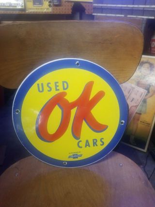 Vintage Ok Cars Chevrolet Round Porcelain Metal Sign Gas Pump Plate Oil