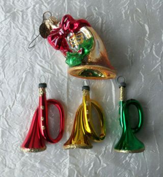 Radko Little Gem Gold French Horn Ornament Plus 3 Vintage Horns Christmas 102