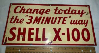 Antique Shell X - 100 Motor Oil Gas Service Station Tin Litho Sign Vintage Car Old