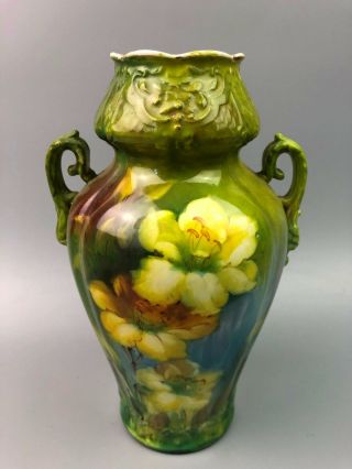 Antique Hand Painted Royal Bonn Germany Green Floral Vase
