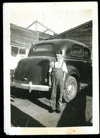 Vintage Photo Little Boy In Bib Overalls Stands In Front Of Old Car 1940 
