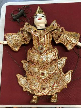 Vintage Wayang Golek Indonesian Wood String Sequins Fabric Marionette Puppet