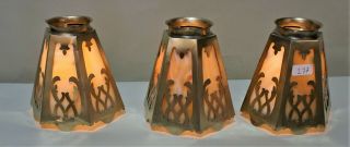 Antique Vintage Mission Arts&crafts Brass And Slag Glass Lamp Shades Set Of 3