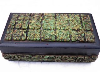 Vintage Wooden El Arte Azteca Mexican Box Hinged Relief Malachite & Lapis Resin
