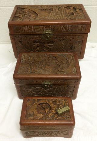 Vtg George Zee Chinese Carved Camphor Wood Graduated Jewelry Chest Box Set,  Lock