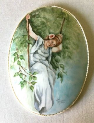 Porcelain Plaque Hand Painted Signed Lady / Woman On Swing