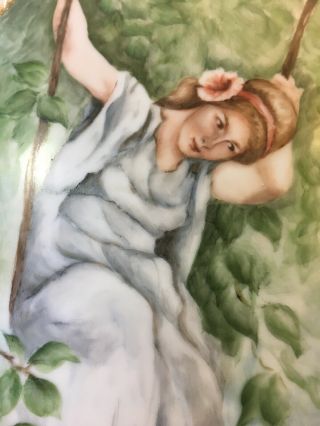 Porcelain Plaque Hand Painted Signed Lady / Woman on Swing 2
