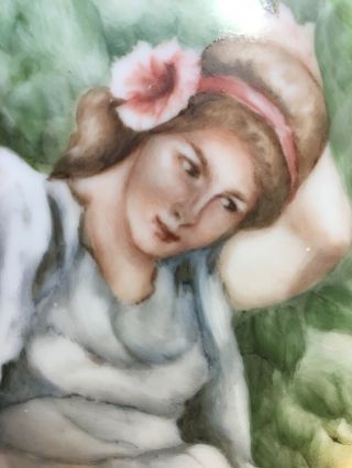 Porcelain Plaque Hand Painted Signed Lady / Woman on Swing 3