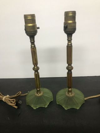 Pair Vintage Art Deco Bakelite Brass Green Glass Base Boudoir Table Lamps