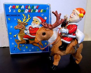 Vintage Tinplate Clockwork Santa Claus On Reindeer Toy,  Fuji Press,  Japan.  Exib.
