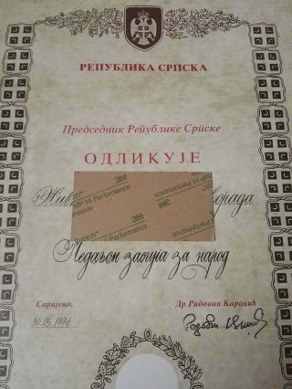 Document on the Merit to the People medal Republic of Srpska BiH 2