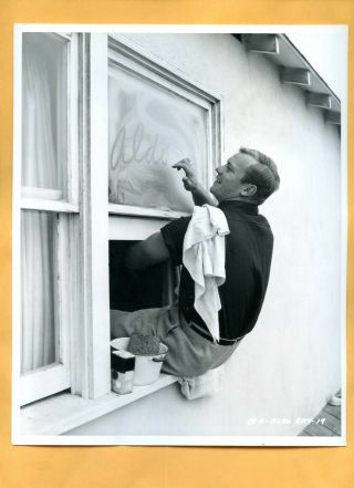 Vintage 8x10 Glossy Candid Photo Of Actor Aldo Ray Cleaning His Windows 1952.