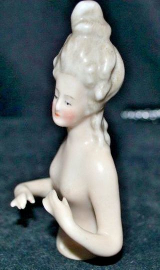 Antique Porcelain Half Doll Pincushion,  Pompadour Arms Away German Rare