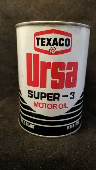 Texaco Ursa - 3 Motor Oil Quart Tin Can Full Petroliana 15 - 1