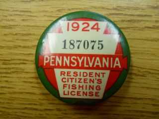 1924 Pa.  Pennsylvania Fishing License Button Badge Pin Resident 2nd Year