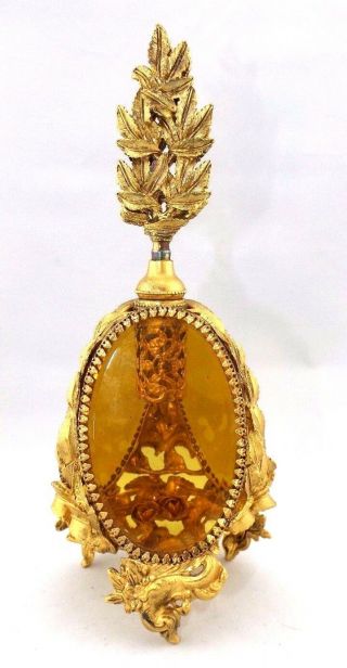 Rare Vintage Guildcrest Ormolu 24k Gold Plated Amber Glass Perfume Bottle 9.  5 "