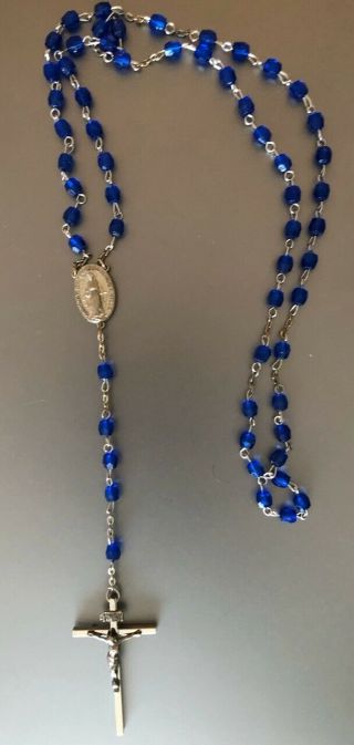 Vintage Sterling Rosary Signed M&c Cobalt Blue Acrylic Faceted Beads 20 " Drop