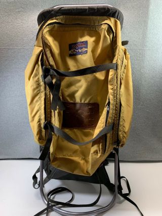 Vintage Jansport Hiking Backpack Metal Frame Camping Khaki Tan Leather Patch