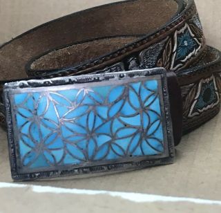 Fine Vtg Navajo Indian Sterling Silver Turquoise Concho Leather Belt Buckle 925