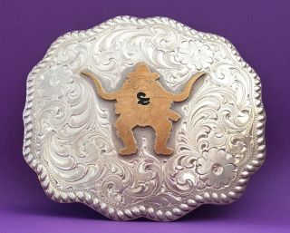 Vtg Rare Sterling Silver O/l Cowboy Gunslinger Longhorn Bull Wages Belt Buckle