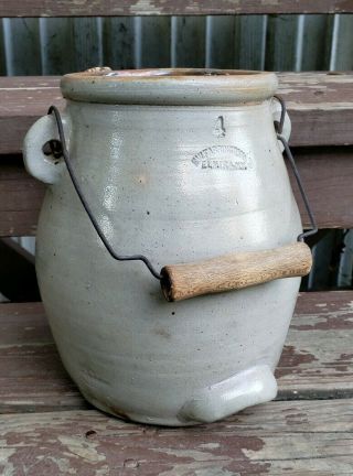 Antique Signed Stoneware Batter Jug E W Farrington Elmira York Primitive