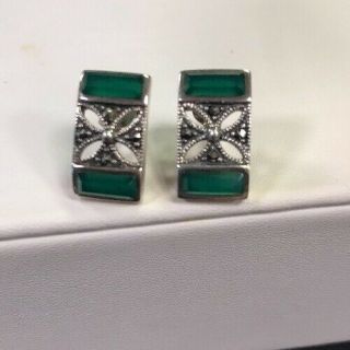Vintage Art Deco Style Sterling Silver 925 Marcasite And Green Onyx Earrings