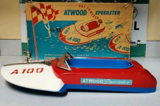 Vintage 1950s Atwood A - 100 Speedster Tin Model Hydroplane Toy Boat