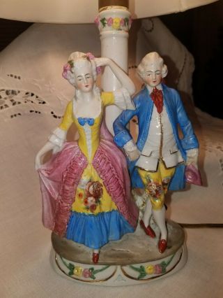 Antique German Porcelain Boudoir Lamp Aristocratic Couple Signed